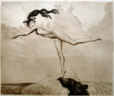 Richard Müller (1874-1954),Puppengesichtiger Teenager, einem alten Tanzbären auf der
Nase tanzend,A doll-faced teen, messing up an old dance-bear, an artwork full of symbolism