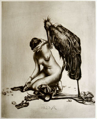 Richard Müller (1874-1954),Die Schöne erwehrt sich zögernd eines mit
Nestbaumaterial nahenden Freiers,Weakly defense: an old suitor approaches with some nest-building
material