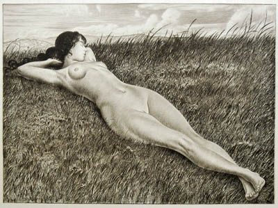 Richard Müller (1874-1954),Interessante Diagonalkomposition,interesting contrast between
grass and body in that diagonal composition