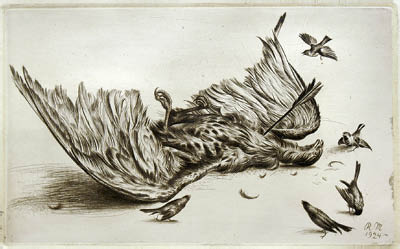 Richard Müller (1874-1954),Abgeschossener Beherrscher der Lüfte, verspottet von
jenen, die ihn fürchteten,No longer afraid, the sparrows make fun of the former master of the
air